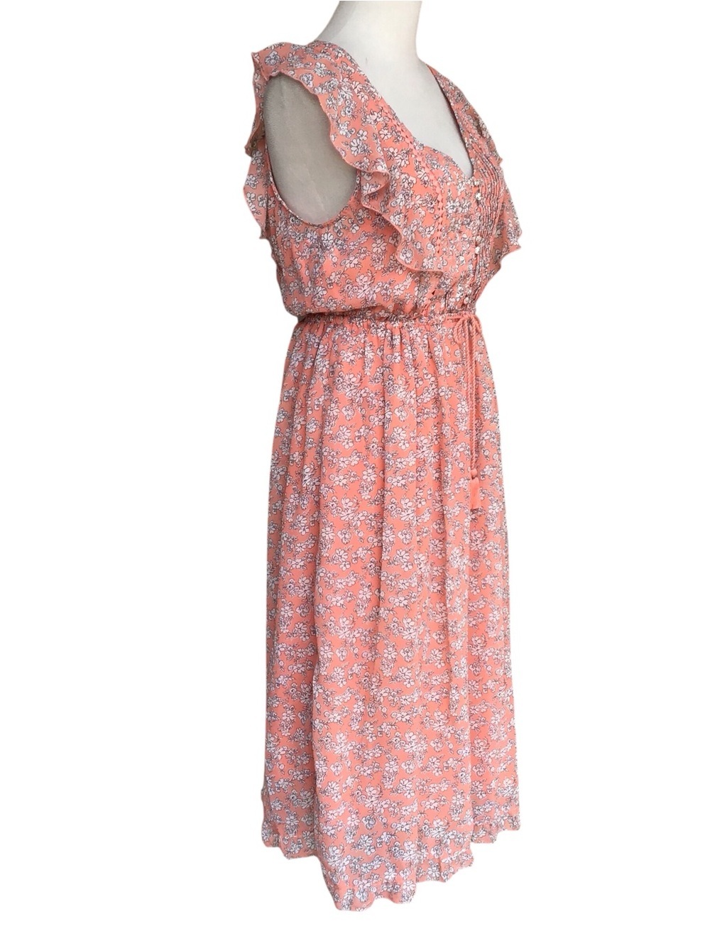 Abercrombie & Fitch Peach Floral Boho Elastic Tassel Tie Midi Dress Size ST New - Picture 4 of 5